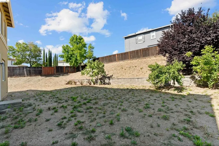 Spacious backyard with an expansive unlandscaped area, retaining wall, and wood fencing