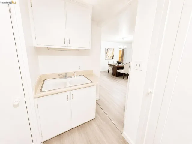 Utility area featuring white cabinetry, a double basin sink, and a light-toned countertop