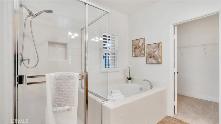 Separate shower with glass enclosure plus a soaking tub.