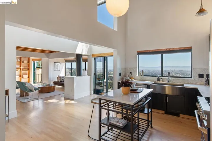 Open-concept kitchen featuring a large window with city scenery, stainless steel farmhouse sink, dark cabinetry, and light wood-finish flooring
