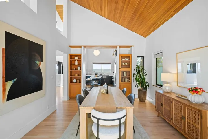 Vaulted wood-paneled ceiling accentuating the dining area