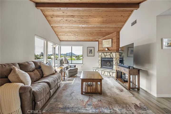 Wood-burning fireplace tucked