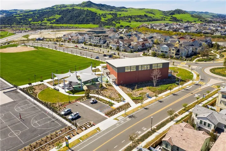Aerial perspective showcasing nearby recreation, farmers market, and nature-rich lifestyle.