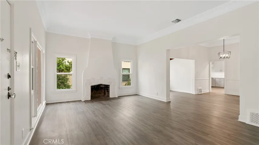 Living Room, Ceiling Molding and Fireplace