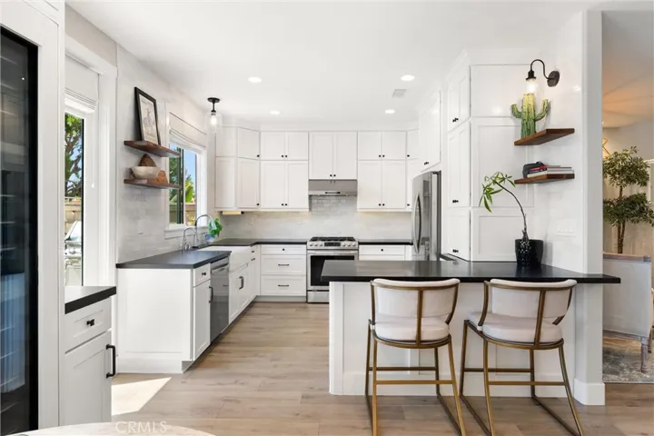 Stunning chef's kitchen with shaker cabinetry, stainless steel appliances, and expansive counter space