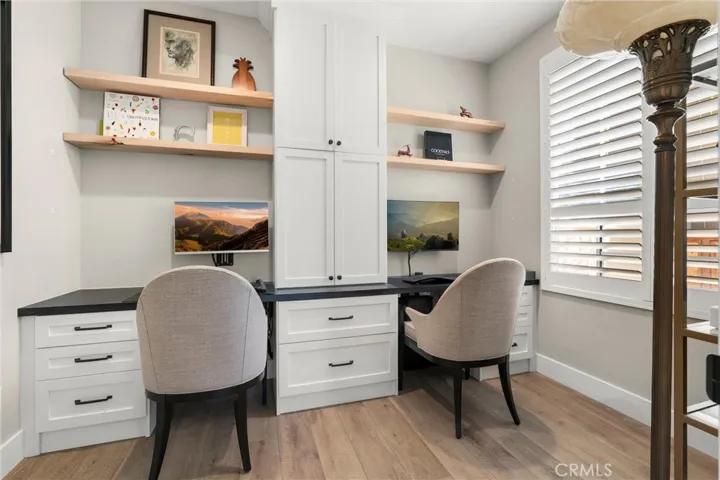 Custom-built home office with cabinetry, shelving, and workspace on the main-level