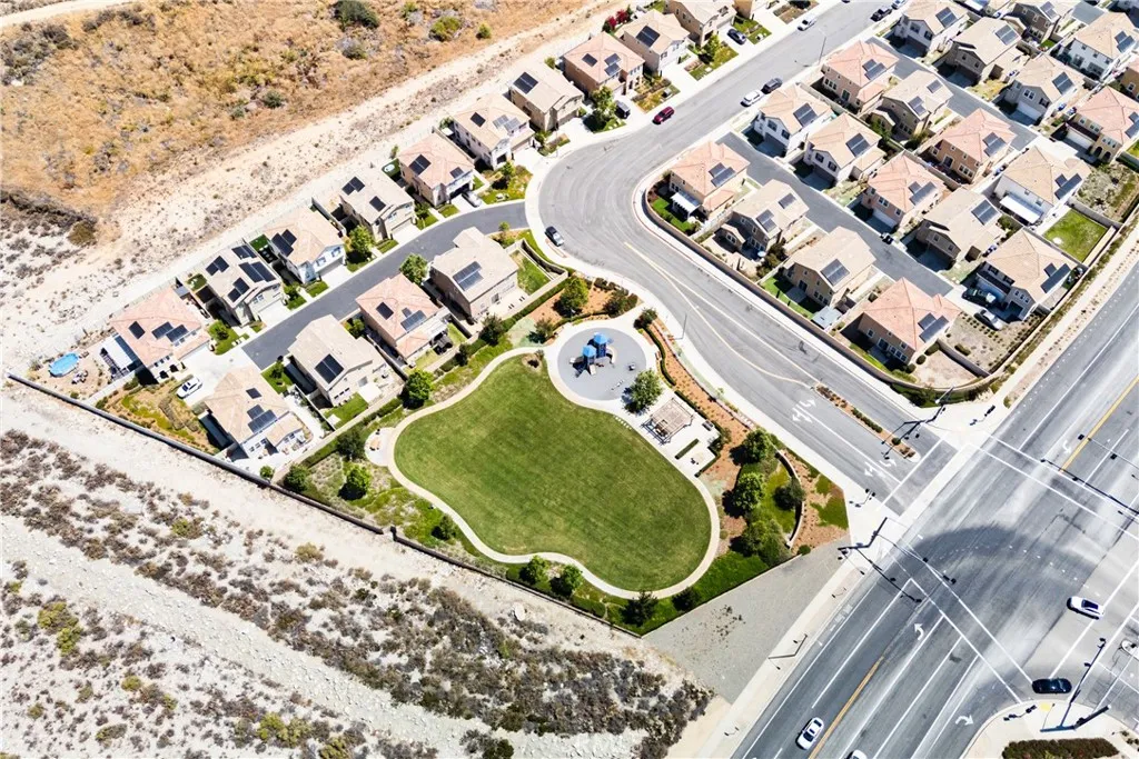 Aerial view of neighborhood and park