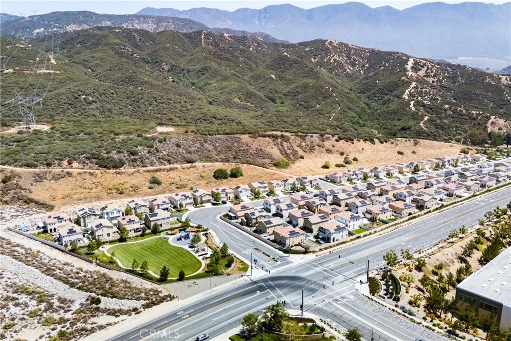 Aerial view facing hills