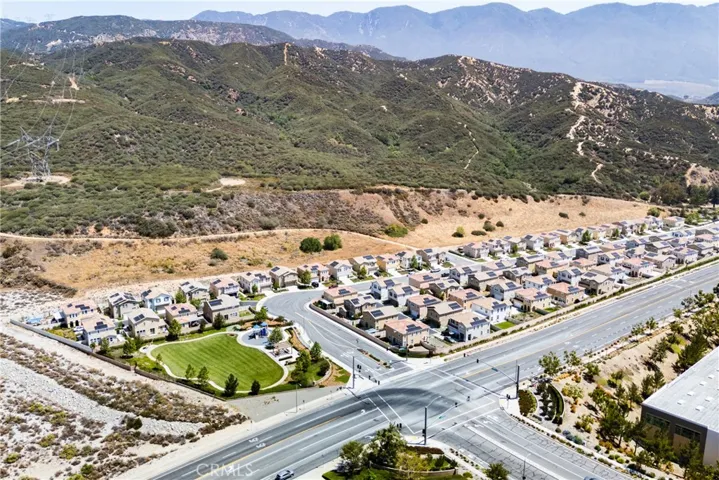Aerial view facing hills