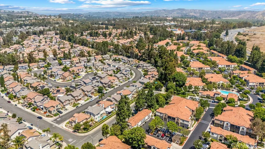 Aerial neighborhood view illustrating the desirable Santiago Hills location.