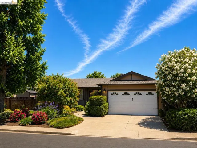 Single-story residence featuring a two-car garage with arched window inserts, a concrete driveway, and mature landscaping