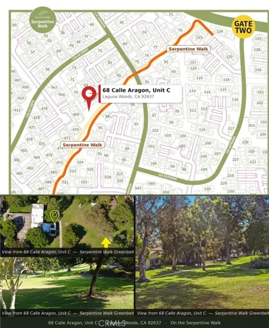 A community map illustrates the home's exceptional location along the historic Serpentine Walk, one of Laguna Woods Village's most admired and scenic settings.