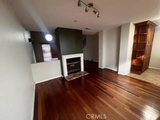 Dining space with fireplace.