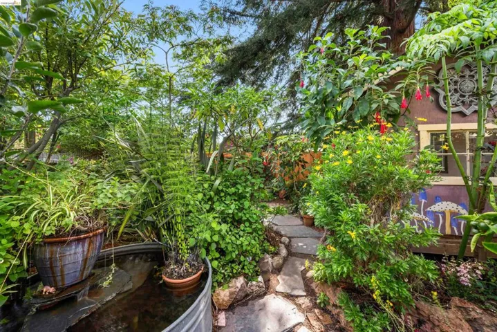 Lush garden pathway featuring flagstone steps, abundant foliage, and a decorative water feature