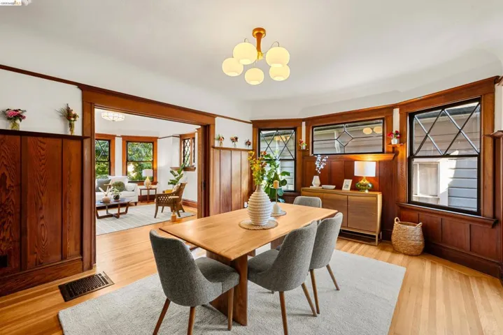 Dining room featuring wood-paneled wainscoting, wood-finish flooring, and a multi-globe ceiling fixture