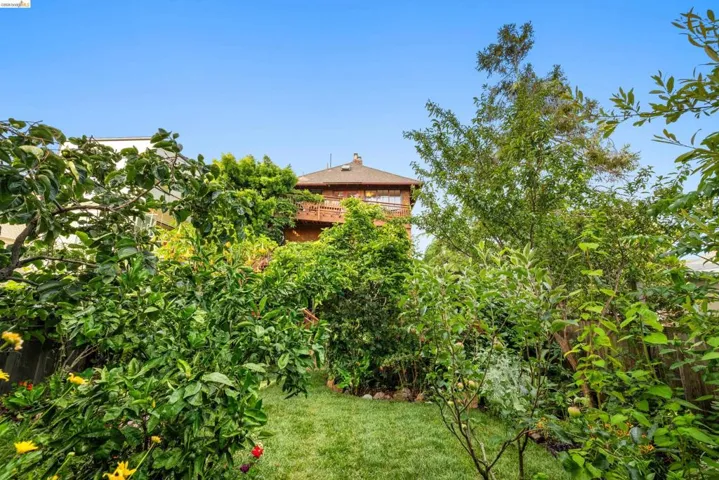 Private backyard featuring a lush lawn, mature trees, and a variety of green foliage