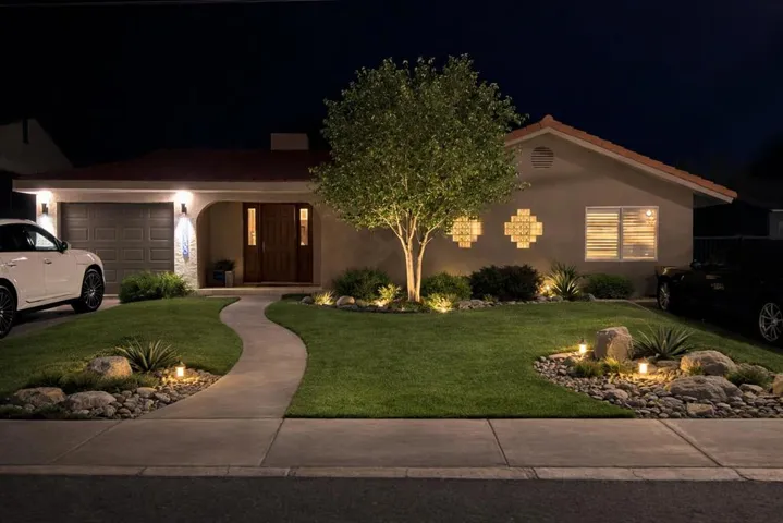 Suburban home at night with tree