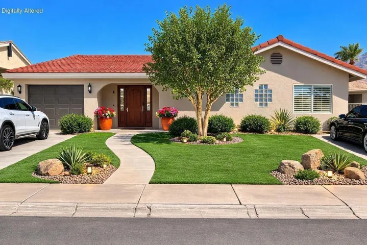 Bright suburban home with desert landsca