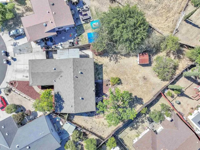 Expansive property featuring a grey shingle roof, established trees, a detached shed structure, and a concrete driveway