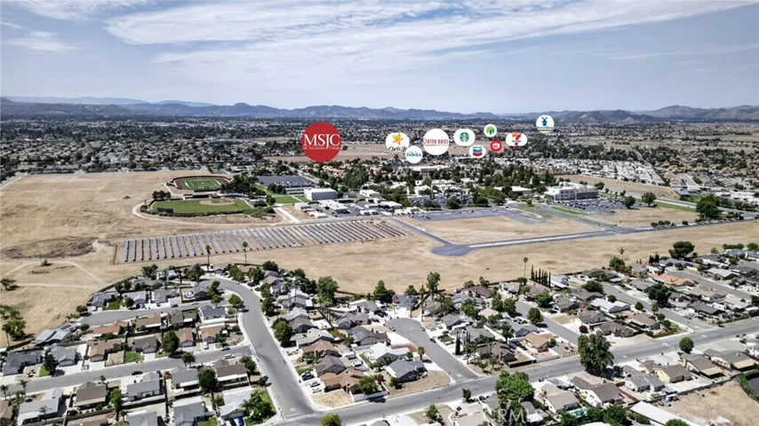 Aeriel view highlighting nearby amenities. Mt. San Jacinto College, shopping, dinning and more.