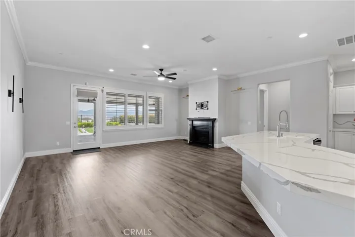 High Ceilings with Crown Molding, Recessed Lighting & Plantation Shutters - Fireplace is Custom