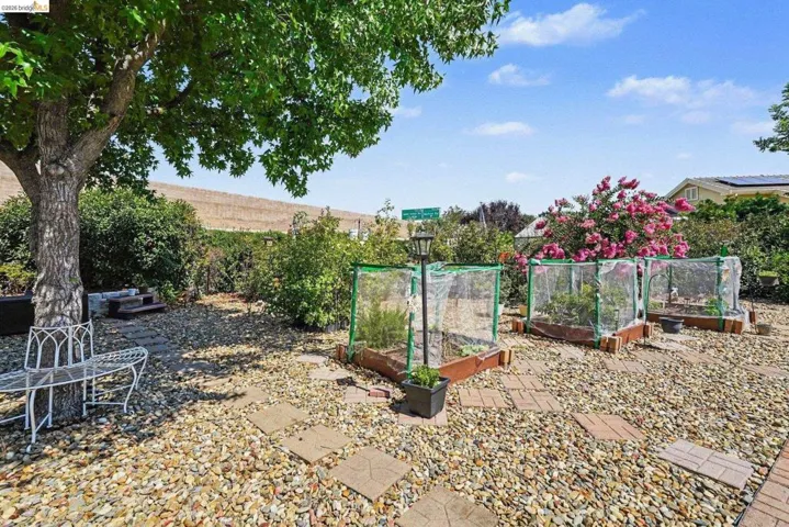 Garden featuring large mature fruit trees landscaped with rock ground cover, stepping stones, raised garden beds, flowering shrubs, and a privacy wall