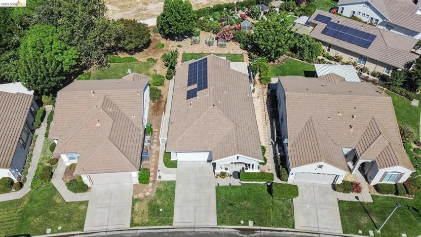 Pitched tile roof home featuring an attached garage, concrete driveway, and front lawn with mature landscaping