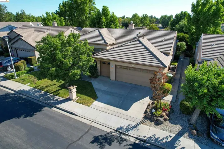 Contemporary single-story residence featuring a two-car garage, tile roofing, a paved driveway, and mature landscaping