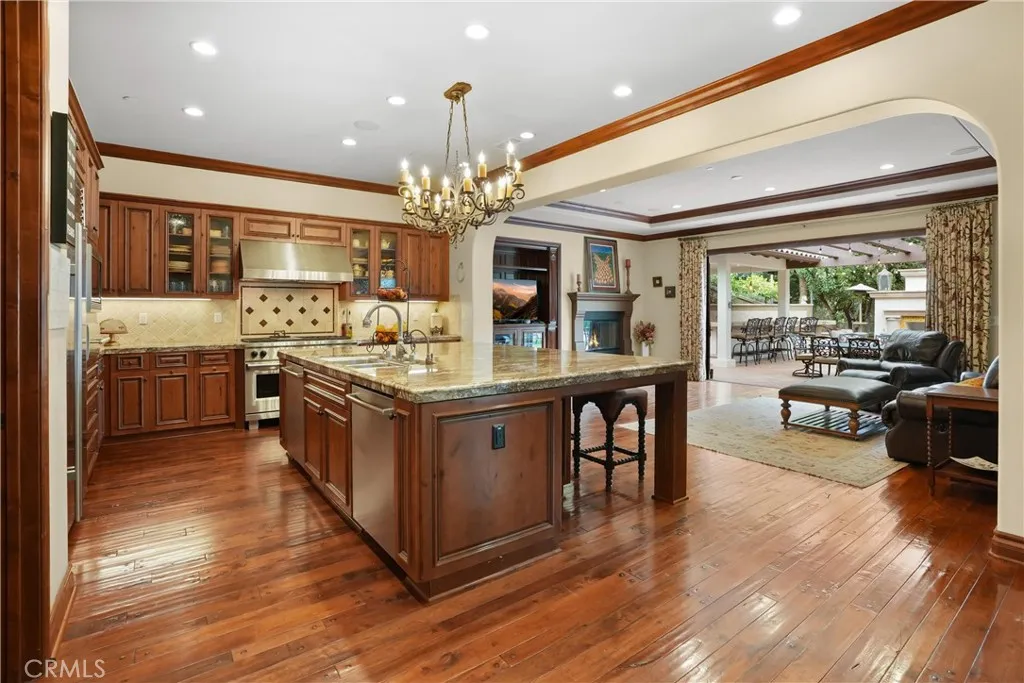 Chef's kitchen featuring granite countertops, premium stainless steel appliances, a large center island, and a walk-in pantry.