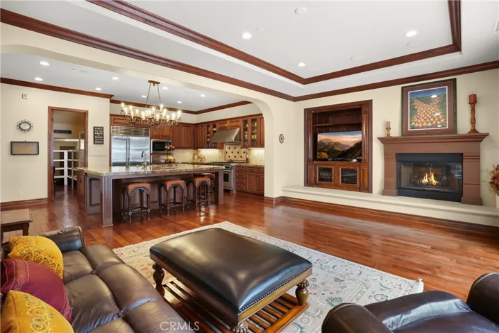 Open-concept family room with custom built-in media center, fireplace, and seamless connection to the kitchen.