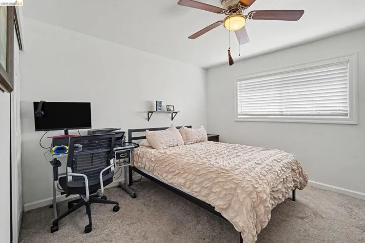 Neutral wall tones, grey carpet flooring, and a ceiling fan with light fixture