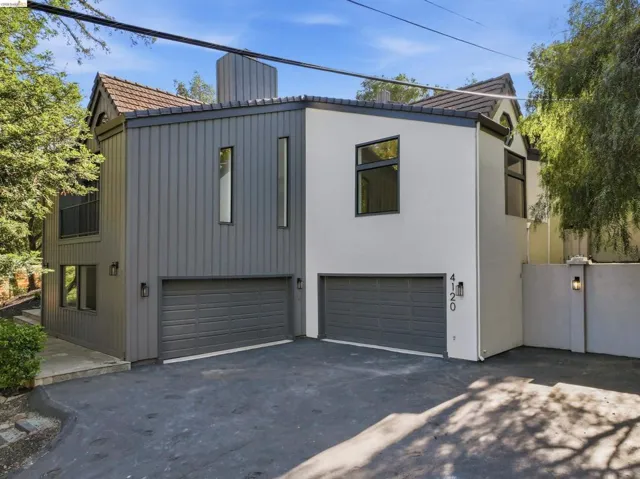 Modern exterior featuring contrasting grey vertical siding and white stucco