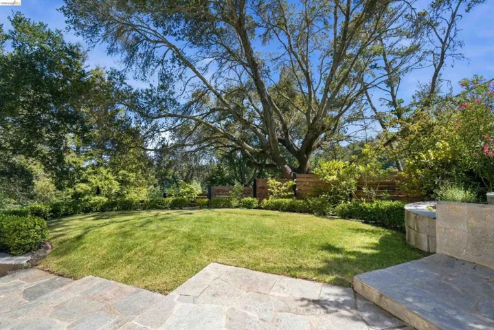 Expansive lawn area bordered by mature trees and lush plantings
