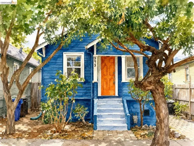 Vibrant blue exterior featuring a contrasting orange entry door, white trim windows, and a multi-level staircase leading to the entrance
