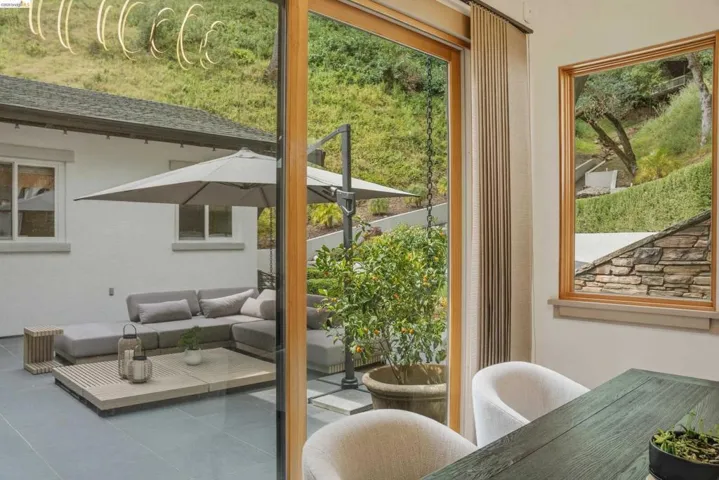 Outdoor patio with large sliding glass door