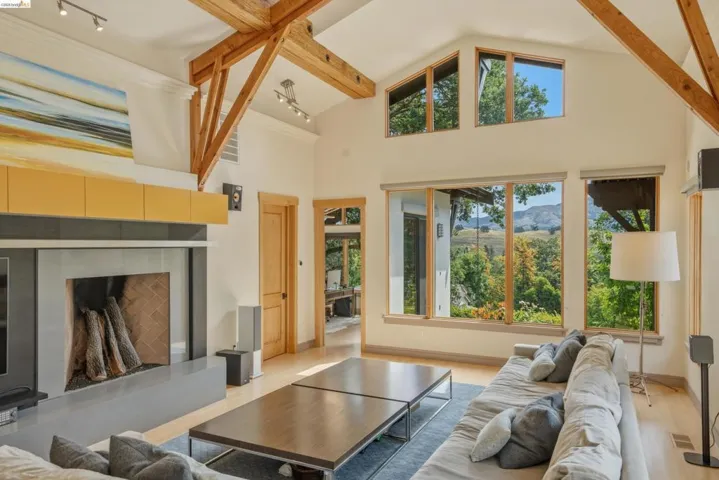Spacious living area featuring exposed wood beam vaulted ceilings, light wood-finish flooring, and a contemporary fireplace with a large hearth