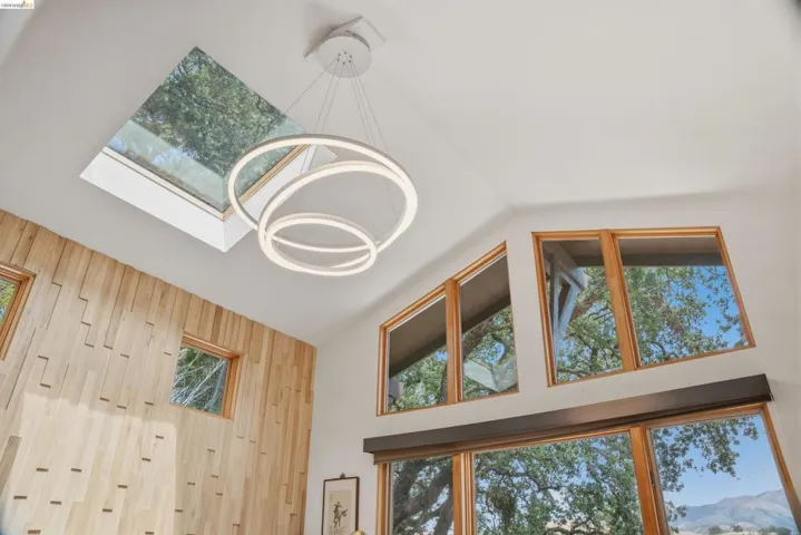 Vaulted ceilings with a large skylight, a multi-ring chandelier, a wood-paneled accent wall, and expansive wood-framed windows