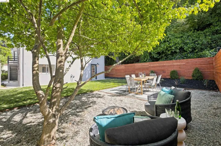 Expansive outdoor patio featuring a gravel surface and a concrete dining area