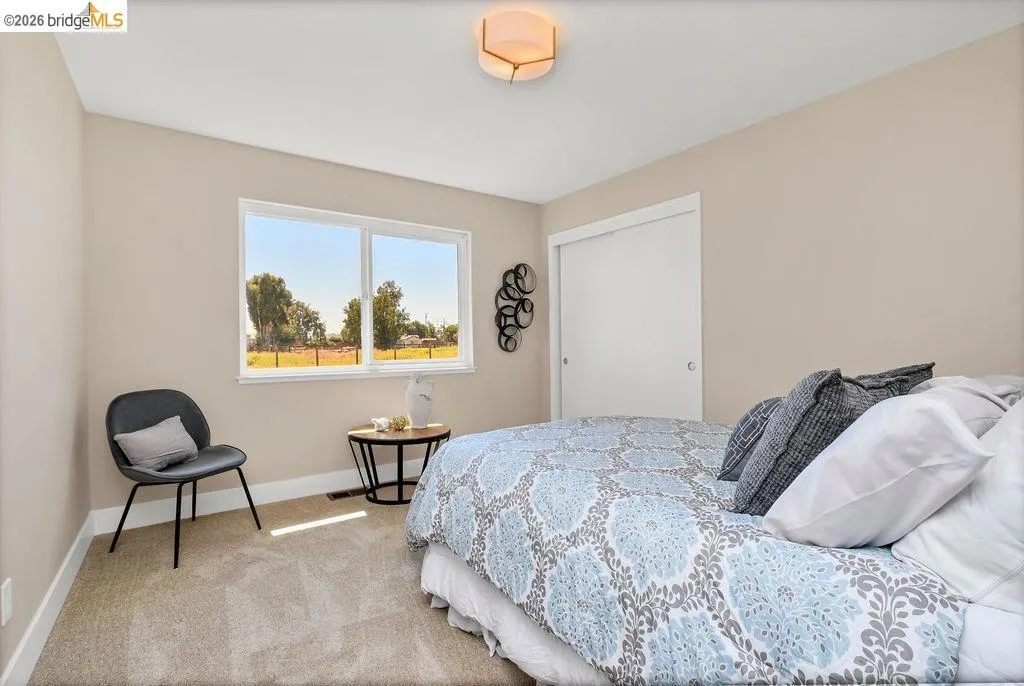 Spacious room featuring neutral-toned walls, plush carpet flooring, a large window, a sliding closet door, and a flush mount ceiling light fixture