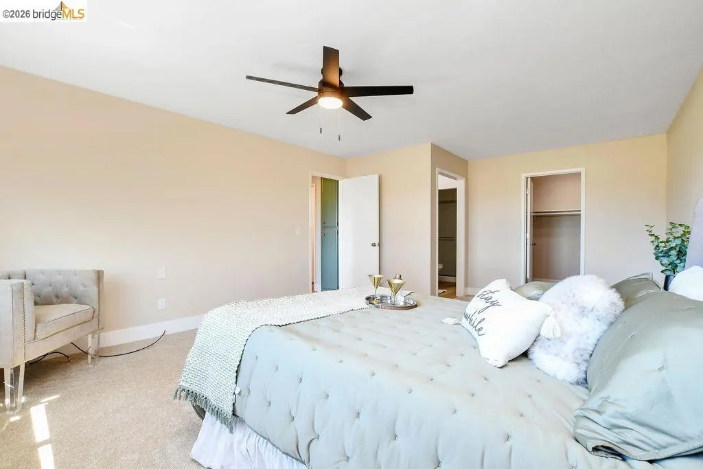 Spacious bedroom featuring neutral wall tones and plush carpeting