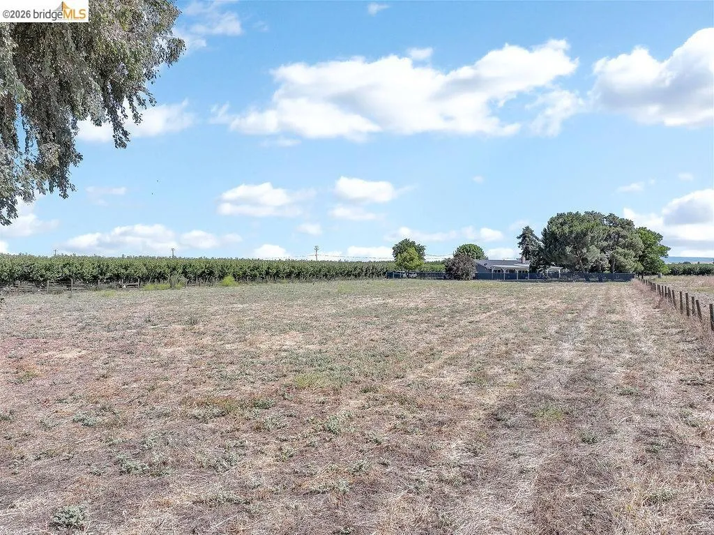 Expansive open field with a distant single-story structure and mature trees