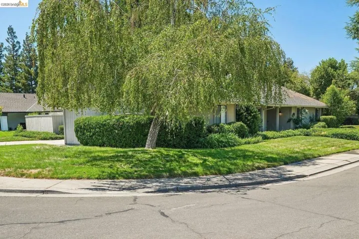 Corner lot property featuring mature landscaping, a manicured lawn, and a paved driveway