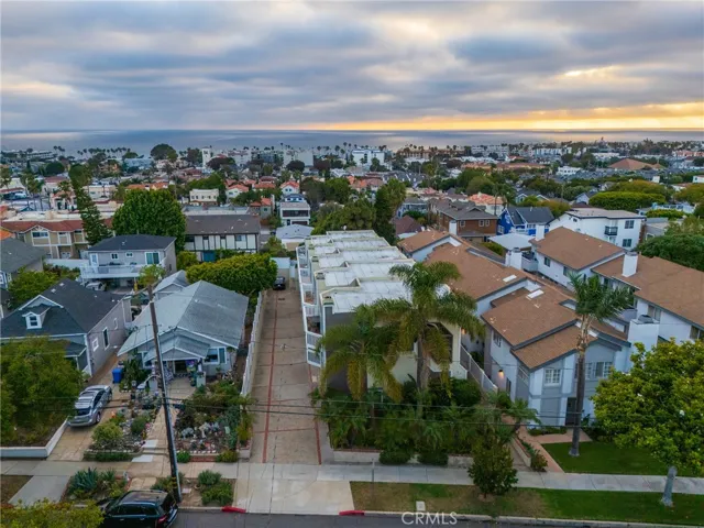 A drone view down the driveway at 217 Helberta a quiet street where students at Redondo Union High School walk or you walk to the beach