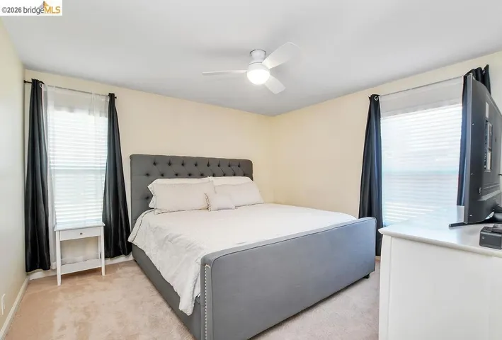 Carpeted room featuring two windows with white blinds, a ceiling fan with integrated lighting, and neutral wall tones
