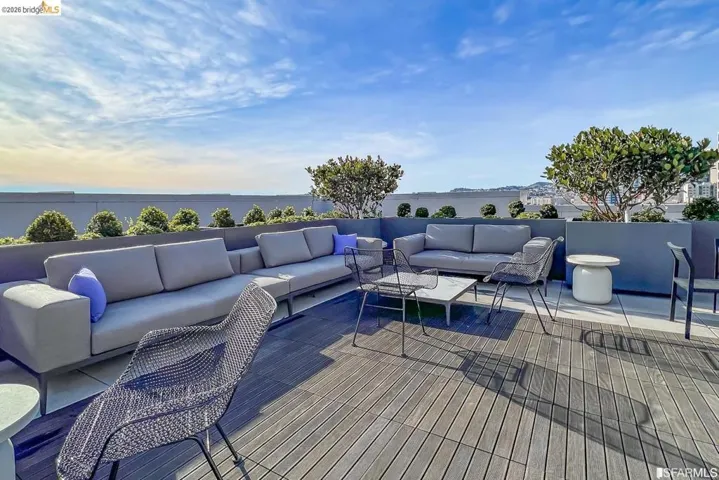 Rooftop deck featuring plank flooring, integrated planters with mature greenery, and a surrounding parapet wall