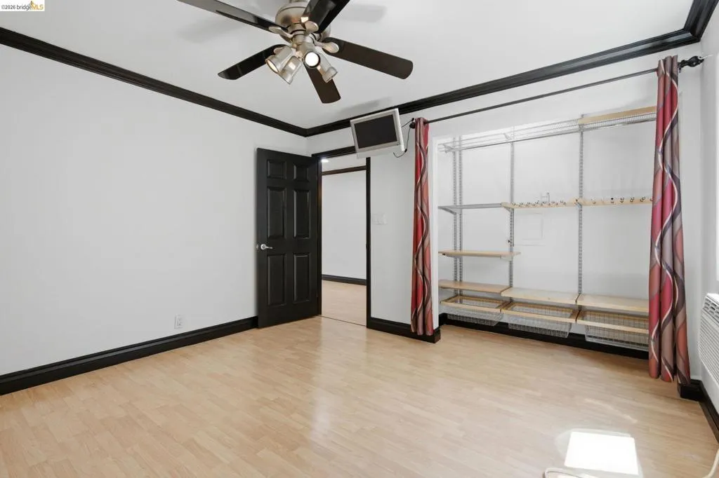 Room featuring light wood-finish flooring, white walls, and contrasting black trim