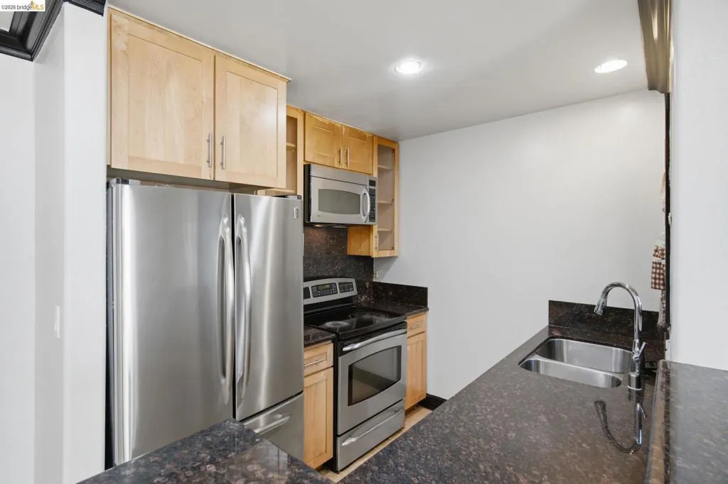 Kitchen featuring stainless steel appliances, dark granite countertops, light wood-finish cabinetry, a stainless steel sink with a gooseneck faucet, and recessed lighting