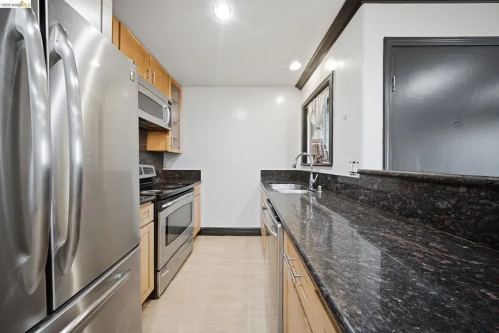 Galley kitchen featuring stainless steel appliances, light wood cabinetry, dark patterned countertops, and a stainless steel sink with a gooseneck faucet