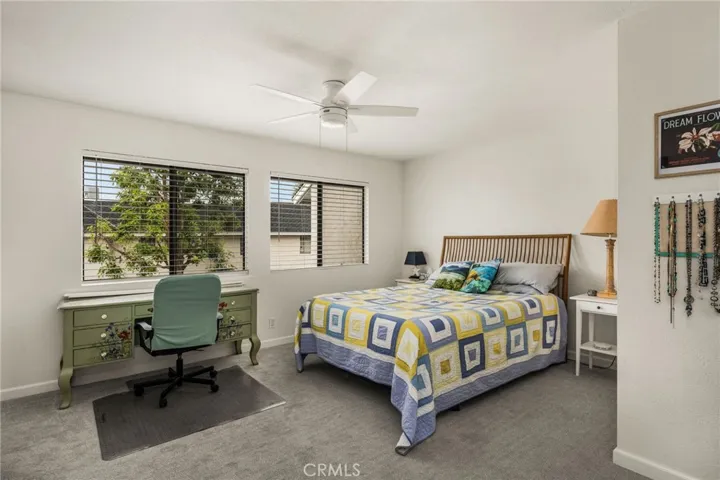Huge primary bedroom with ceiling fan and new carpet! Overlooks open common area (quiet!).