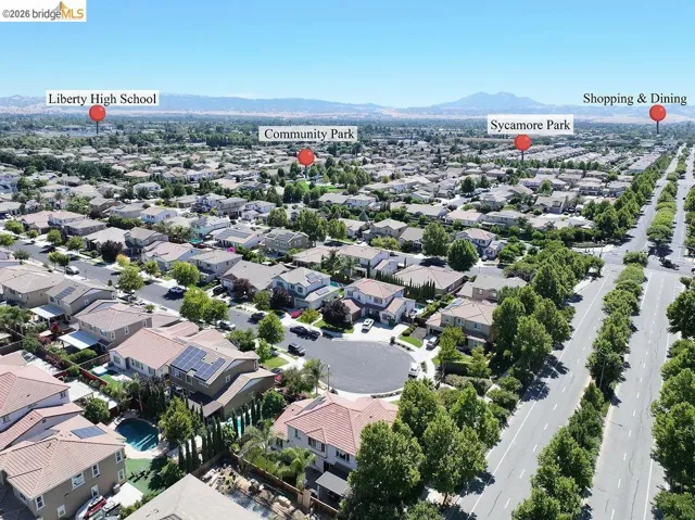 Aerial perspective showing the residential neighborhood.